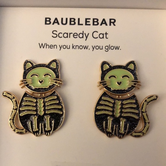 Baublebar Gold Tone Green & Black Scaredy Cat Glow In The Dark Drop Earrings NIB - Picture 8 of 14